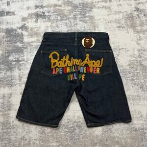 Authentic Bape 2000's Rainbow Champion Logo Denim Shorts Jorts 30